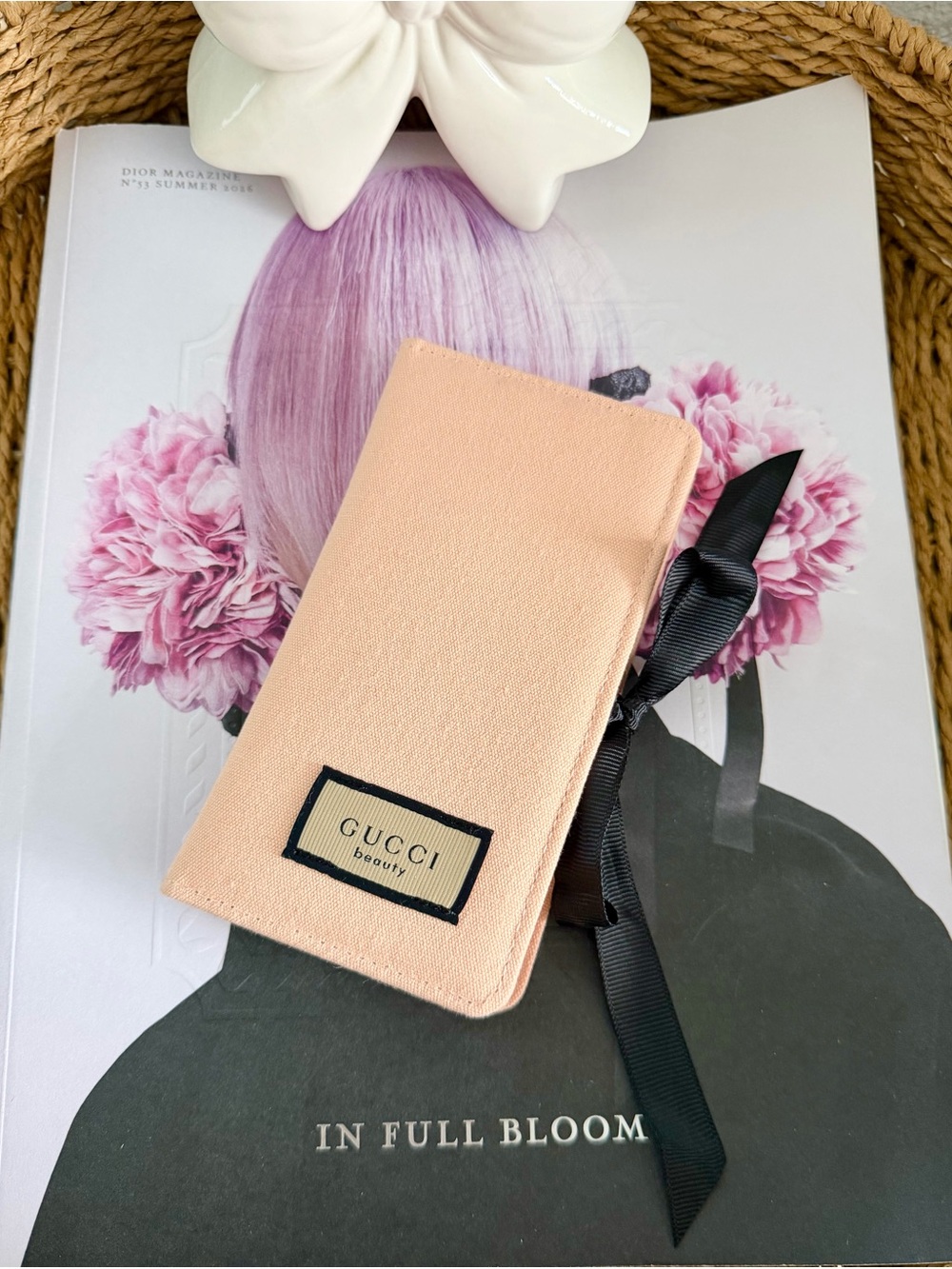 Gucci Peach Canvas Travel Wallet with Black Ribbon